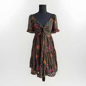 Womens Dark Floral Burnout Velvet Dress Milkmaid Fairy Babydoll Tiered Skirt S